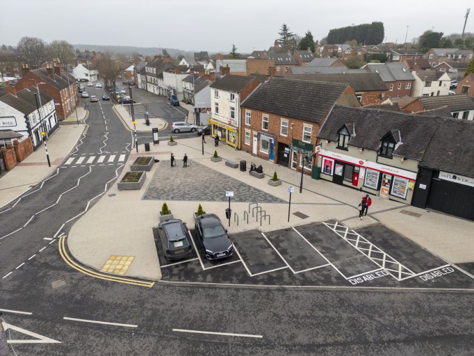 Market Place in Shepshed in 2024 as seen from an elevated position following the completion of a regeneration project.