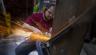 Work Is undertaken on a Hope Bell pillar at John Taylor & Co Bellfoundry in May 2024